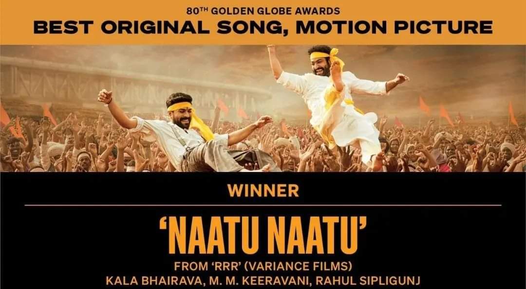 RavysChannel's tweet photo. A Proud Moment !!

#RRRMovie #NaatuNaatu wins GOLDEN GLOBE AWARD FOR BEST ORIGINAL SONG 

Congratulations #MMKeeravaani and team.

#GoldenGlobes #GoldenGlobes2023    
@ssrajamouli @tarak9999 @AlwaysRamCharan #RavysChannel https://t.co/T9gTPuCUEw