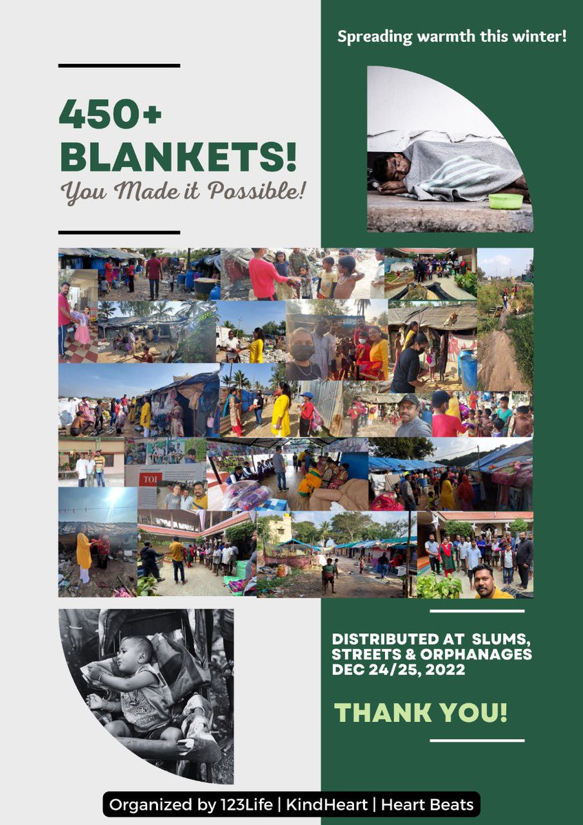 We are grateful and overwhelmed with the response. We thought of 250 but with your support , we were able to donate 450+ blankets! 🙏🙏 Keep supporting us #blanketdonation #123life #joyofgiving <a href="/sanilkumard/">Sanil Kumar D</a>