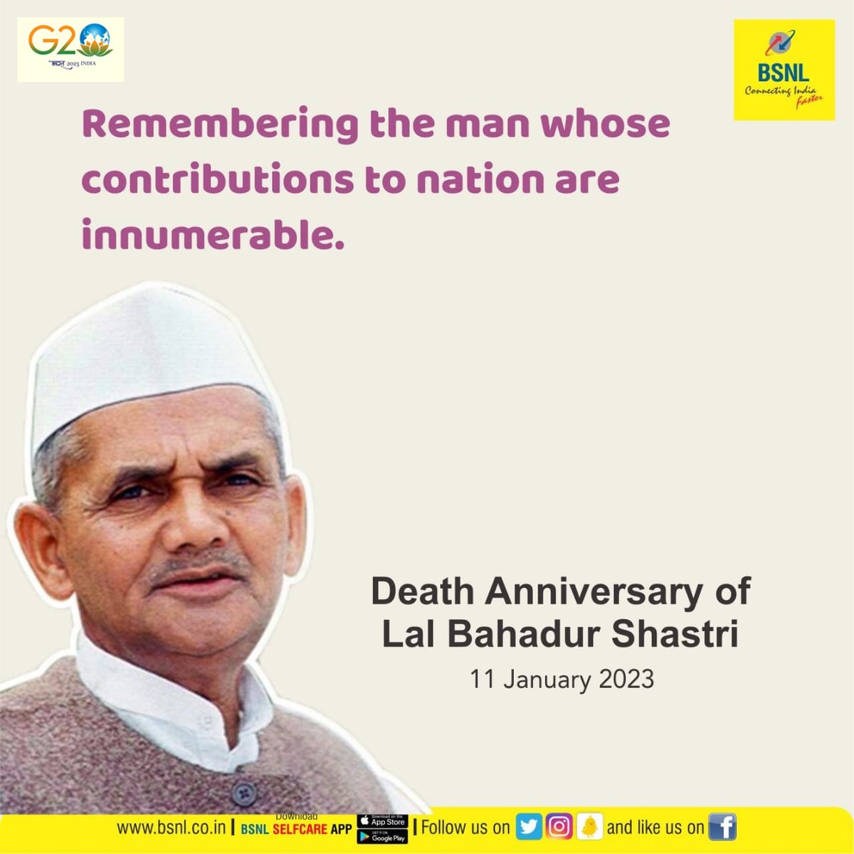 BSNLCorporate's tweet photo. Remembering India’s second Prime Minister who supported the farmers of our nation. #LalBahadurShastriji #Shastriji https://t.co/lyOFtSOBSE