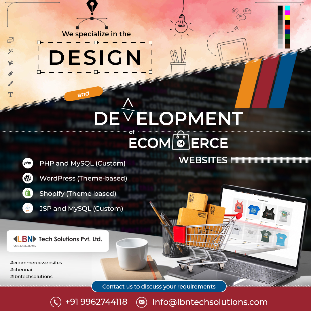 We specialize in the design and development of eCommerce websites.

✅ PHP and MySQL (Custom)

✅ WordPress (Theme-based)

✅ Shopify (Theme-based)

✅ JSP and MySQL (Custom)

For more information, visit lbntechsolutions.com/best-ecommerce…

#ecommercewebsites #chennai #lbntechsolutions