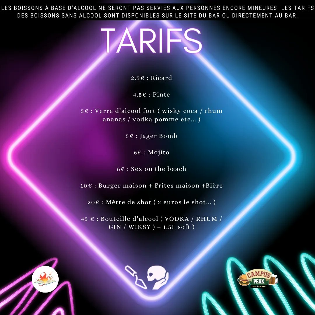 Bonjour à tous.tes, pour bien commencer l'année 2023, ESArchéo vous propose avec l'association Prométhée, une soirée au CAMPUS PERK me Mercredi 19 Janvier avec des tarifs préférentiels.

Les boissons à base d'alcool ne seront pas servies aux personnes encore mineures.