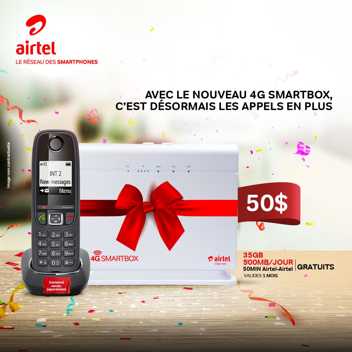 airtelrdc's tweet photo. MOOD FÊTE TOOOOUJOURS ! 

Obtenez le SMARTBOX 4G et profitez de nouveaux forfaits 4G: Appel + connexion Internet.

Rendez-vous dans les shops Airtel pour vous en procurer à seulement 50$
NB: le combiné est vendu séparément du Smartbox, à 25$
#SMARTBOX4G #Forfaitdata #AirtelRDC https://t.co/4ybYKRigSU