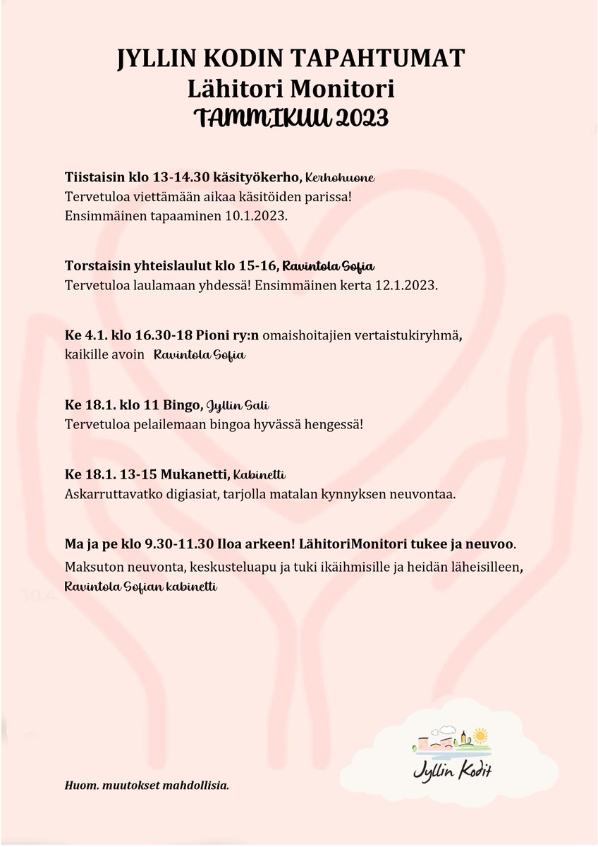 JyllinK's tweet photo. Tule mukaan Jyllin Kodin kaikille avoimiin tapahtumiin tammikuussa!

#jyllinkodit #ikaalinen #hyvääelämää #yhdessä https://t.co/iR1mnE6fDm