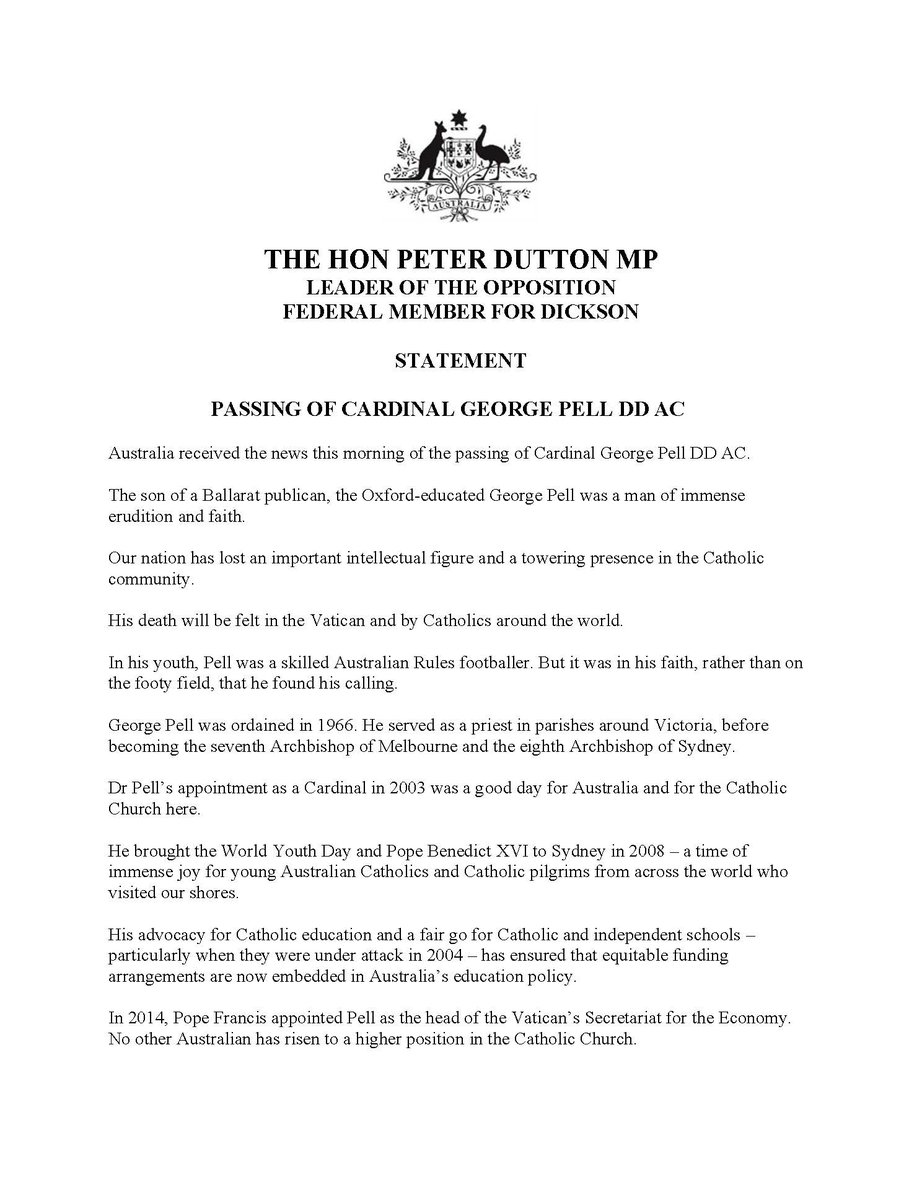 Hon_PeterDutton's tweet photo. My statement on the passing of Cardinal George Pell DD AC. https://t.co/H9jpLWZI2p