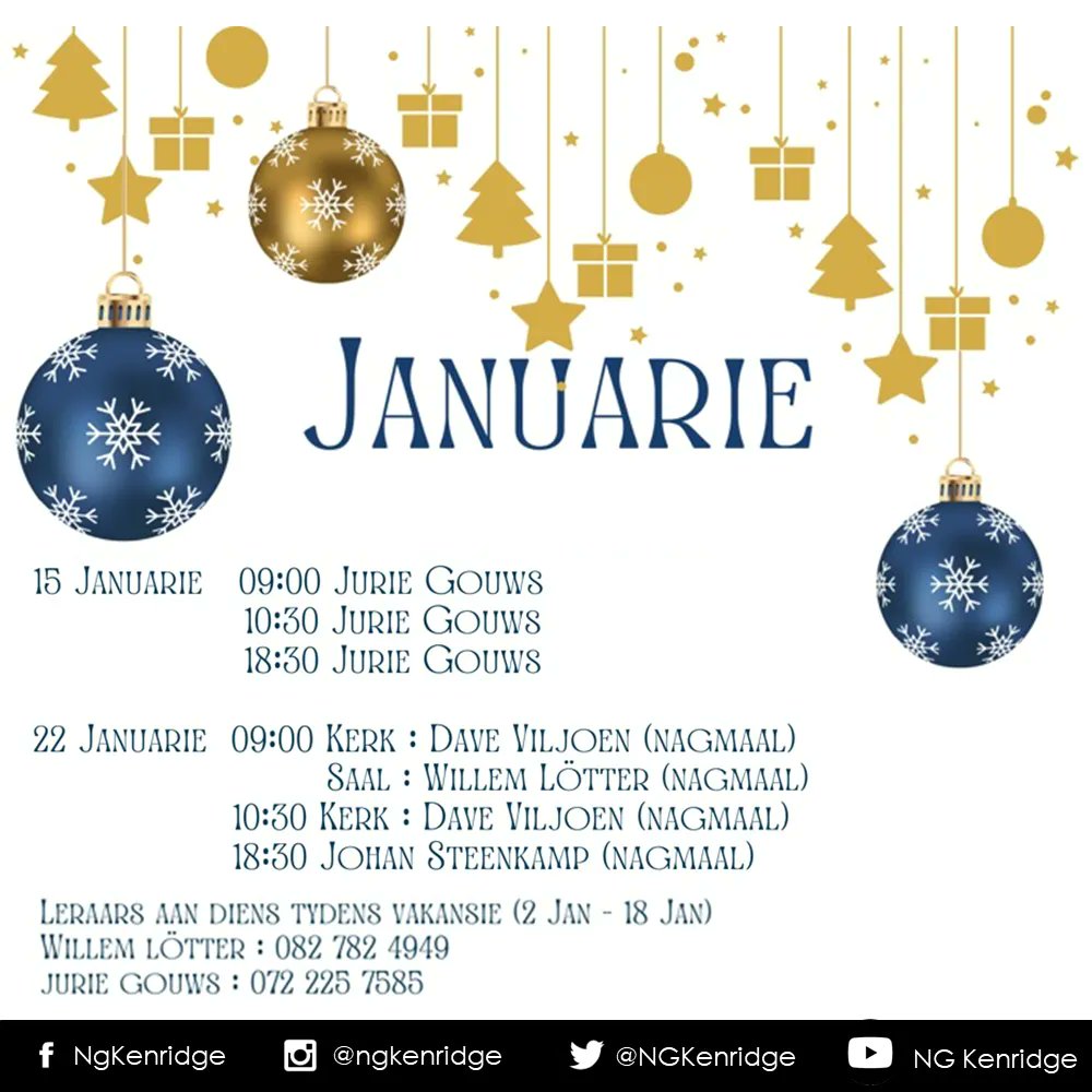 NGKenridge's tweet photo. Welkom terug na die vakansie en voorspoed vir die nuwe jaar. Die kerkkantoor is weer oop en ons nooi julle na ons eredienste, wat volstoom aan die gang is. https://t.co/xX4uNXPauu