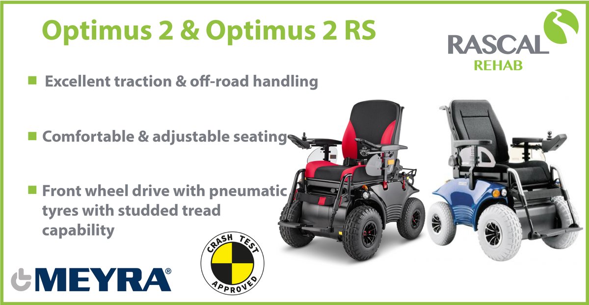 Rule the off-road with the choice of either the Optimus 2 or Optimus 2 RS from Rascal Rehab. Ride in safety &amp; comfort over dirt or snow without sacrificing manoeuvrability, all thanks to large pneumatic tyres and Front-Wheel Drive.