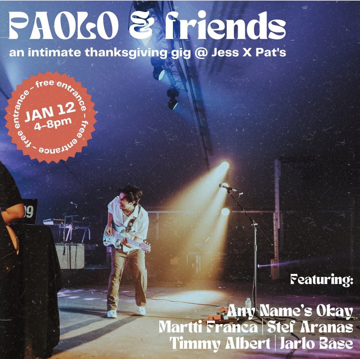 jessxpats's tweet photo. ‼️ FREE GIG ALERT ‼️

See you tomorrow for PAOLO &amp; FRIENDS: An Intimate Thanksgiving Gig at Jess &amp; Pat’s feat @paolo_sandejas @AnyNamesOkay @MarttiFranca @jarlobase #timmyalbert #stefarenas ✨

Doors open at 4pm. See you, fam! ❤️🤗

#JessxPats
#WeAreIndiesTOGETHER https://t.co/ALcRxyvudK