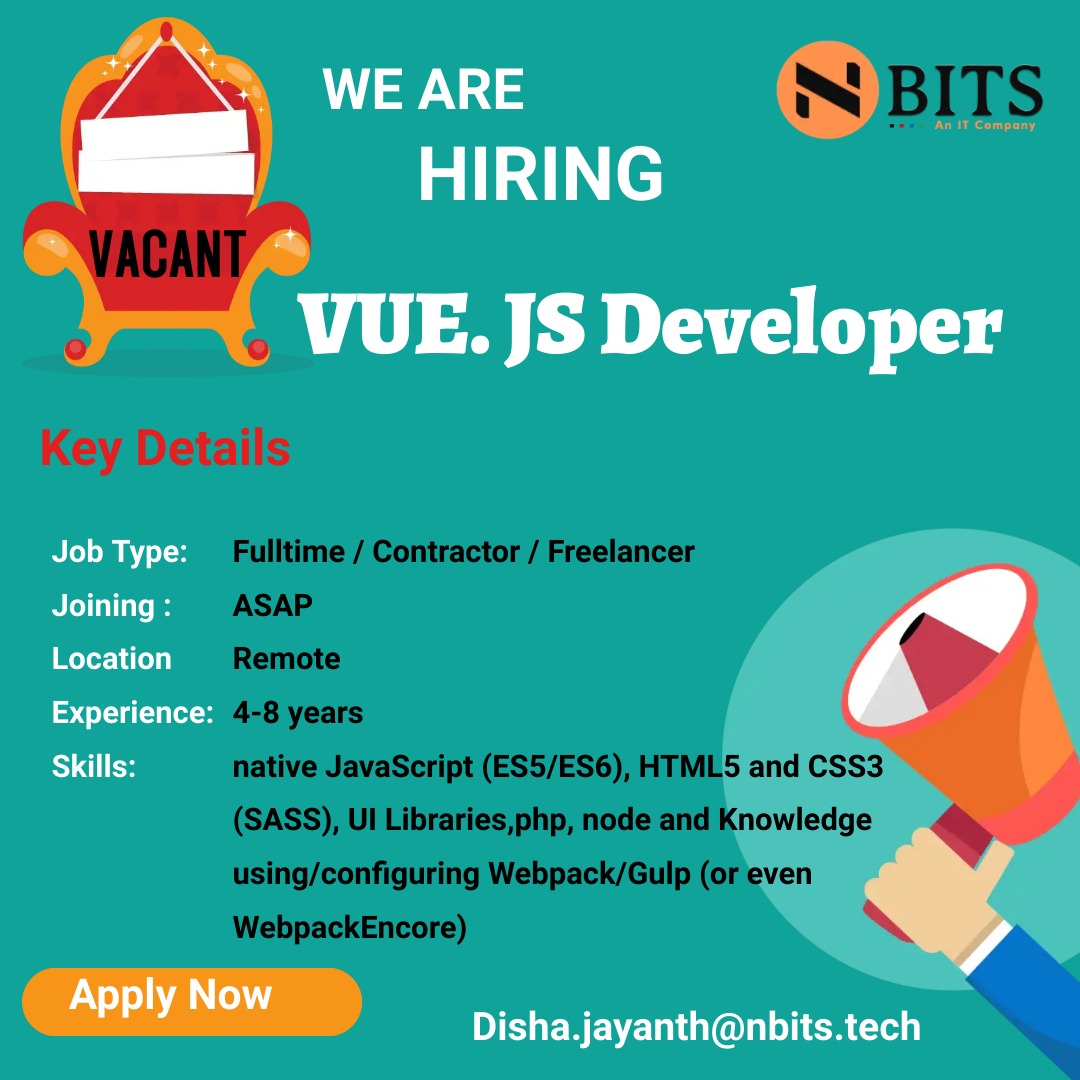 nbits_itcompany's tweet image. Urgent need for VUE.JS Developer
Job Type: Full Time /contractor/Freelancer
Experience: 4 to 8 Years
Location: Remote
Start Date: ASAP
Duration: Long Term
If you are interested send your profile to Thulasi.v@nbits.tech
#VUE #VUEJS #VUEJSDeveloper #JavaScript #HTML5 #CSS3 #PHP