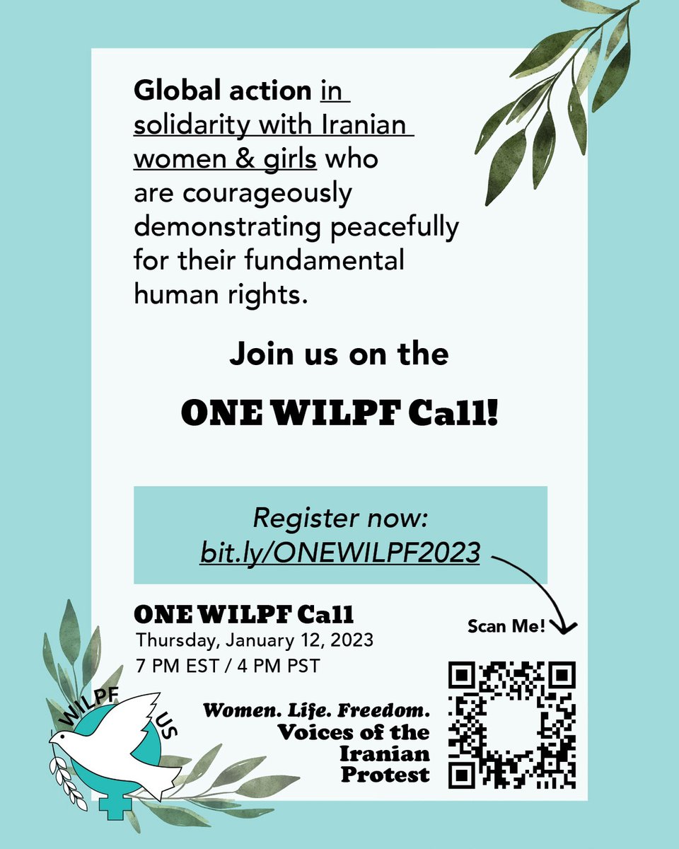 Global action in solidarity with Iranian women &amp; girls who are courageously demonstrating peacefully for their fundamental human rights.
Join us on ONE WILPF Call 2023!
Thursday January 12, 2023 
Register now  
bit.ly/ONEWILPF2023
#womenrights #womenrightsarehumanrights #iran