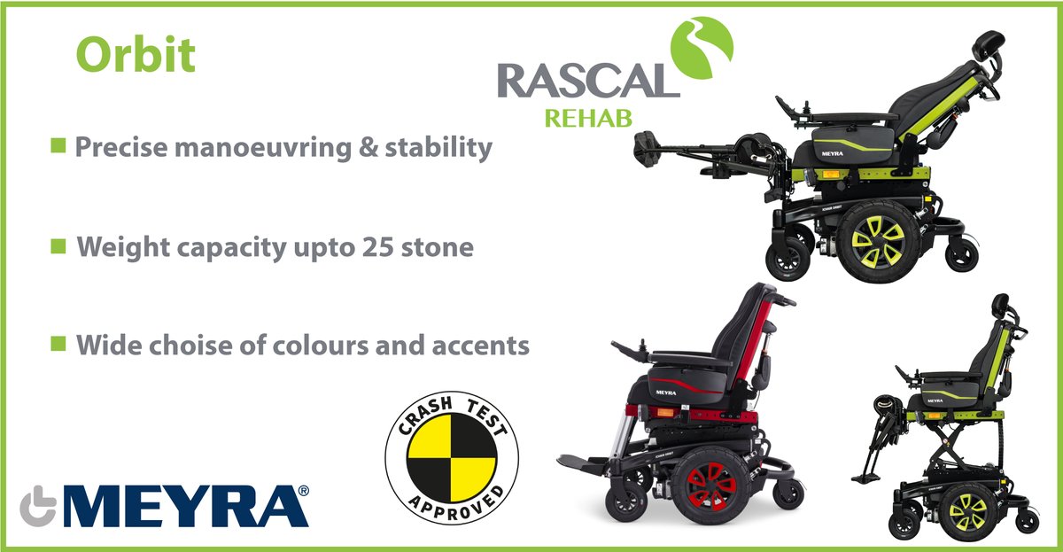 The Orbit available through Rascal Rehab is the ultimate in customisability! Choose from Fixed Tilt, Powered Tilt, Powered lift &amp; Tilt and Powered lift &amp; tilt with leg rest adjustability. An agile powerchair ideal for small spaces with its low seat height &amp; overall width.