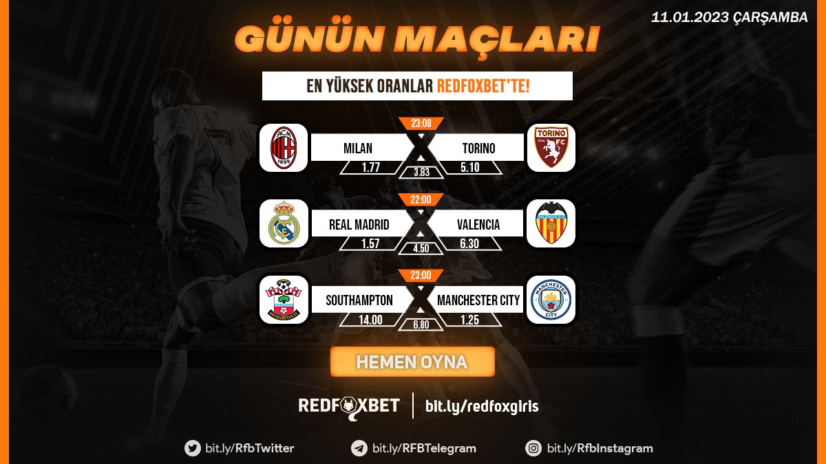 RedHaber1's tweet photo. ⚽️ Yüksek Oranları ile Günün Öne Çıkan Maçları RedFoxBet'te

✅ Heyecan dolu maçların hem heyecanına ortak ol, hemde birbirinden avantajlı bonuslarımız ile bahislerine avantajlı başla!  

🎁 %50 Freebet. 
🎁 %20 Çevrimsiz Spor Bonusu
🎁 %100 Risksiz Bahis. 
🎁 %30 Kripto Bonusu. https://t.co/LNKmUJGU7K