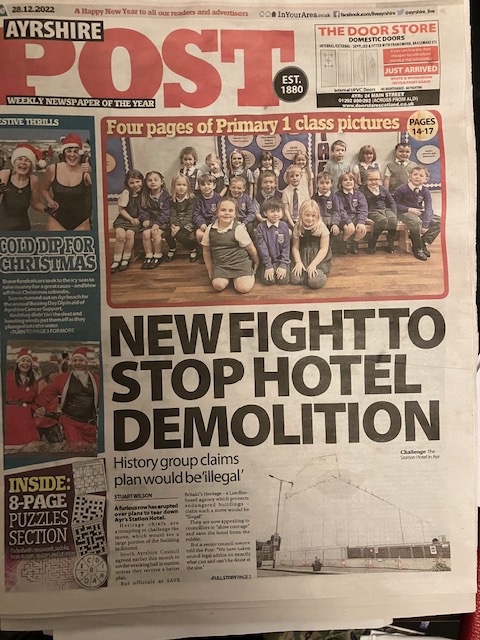 SAVEtoReuse's tweet photo. 👍Thx for front page story on Ayr Stn Hotel @ayrshire_live!
Unnecessary demolition of this Scottish landmark would cost £8m
Yet as @SAVEBrit's Henrietta Billings says, for a fraction of the cost the hotel cd be repaired & wraps removed while a solution is found
#SAVEcampaigns https://t.co/8yeyRN36Af