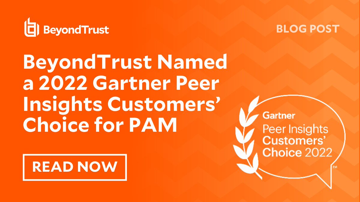 BeyondTrust's tweet image. BeyondTrust is thrilled to share that we have been recognized as a ‘Customers’ Choice’ in the December 2022 Gartner Peer Insights ‘Voice of the Customer’ for the #PrivilegeAccessManagement (PAM) Market!

beyondtrust.com/blog/entry/bey…

#gartnerpeerinsights #BeyondTrust