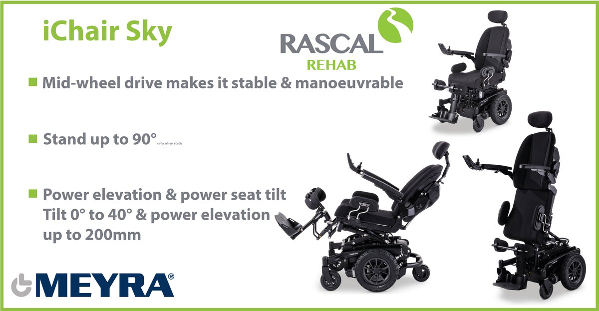 The iChair Sky by Meyra is Rascal Rehab’s multi-functional premium quality, stand-up 6 mph powerchair, which can be used indoors or outdoors. This Mid-Wheel Drive powerchair is ideal for a range of medical conditions supporting an independent lifestyle. Enquire today!