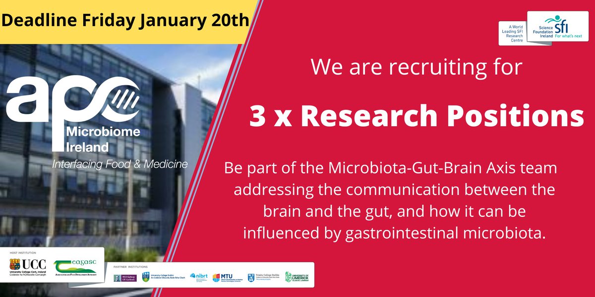 Come join us at <a href="/Pharmabiotic/">APC Microbiome Ireland</a> , a global leader in microbiome research. We have 3 research positions - 2 research assistants and 1 postdoc researcher, apply below before January 20th.   bit.ly/3GTg4zl #researchcareers