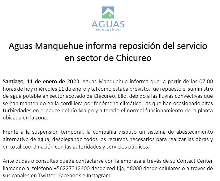 aguas_andinas's tweet photo. ATENCIÓN!!
Informamos que de acuerdo a lo planificado, hoy a partir de las 07:00 horas fue repuesto el servicio de agua potable en sector acotado de Chicureo.

Mas info en https://t.co/IrcjQEggFO https://t.co/Gp0rlaKjdh