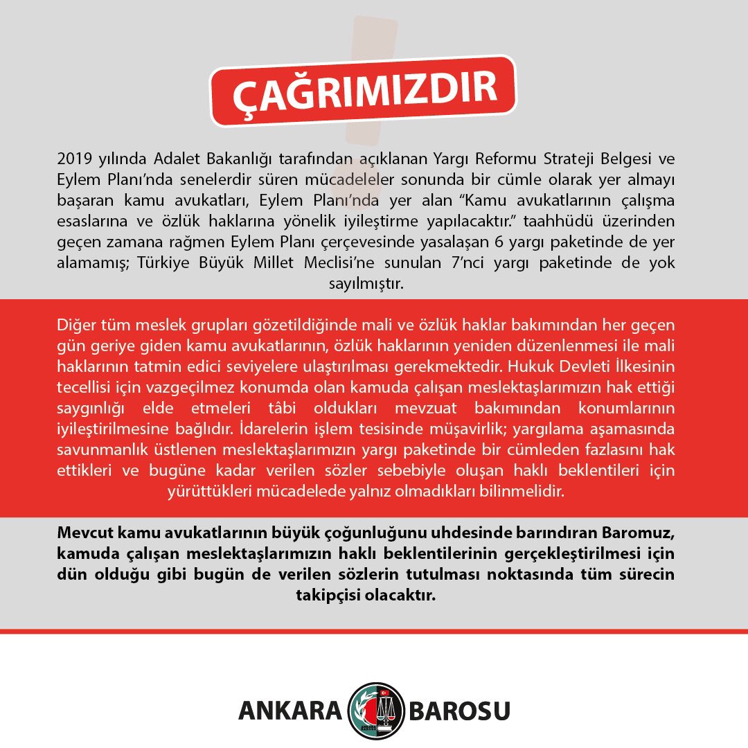 ÇAĞRIMIZDIR 

Yargının kurucu unsurlarından avukatlık mesleğinin kamudaki temsilcisi olan KAMUDA ÇALIŞAN AVUKATLAR, bugün her zamankinden çok verilen sözlerin tutulmasını bekliyor.

Açıklamanın tamamına aşağıdaki görsellerden ulaşabilirsiniz. ⬇️