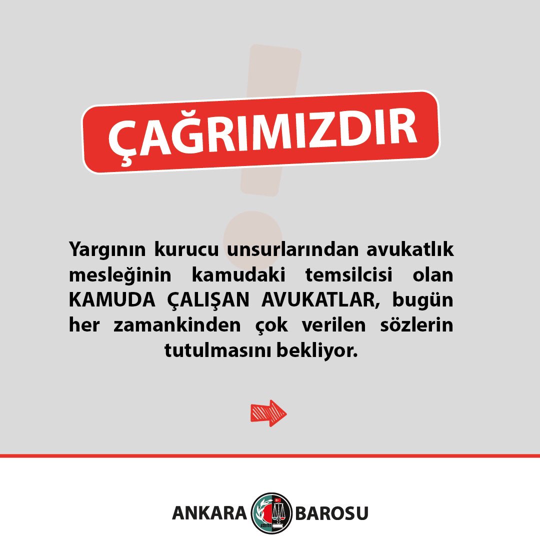 ankarabarosu's tweet photo. ÇAĞRIMIZDIR 

Yargının kurucu unsurlarından avukatlık mesleğinin kamudaki temsilcisi olan KAMUDA ÇALIŞAN AVUKATLAR, bugün her zamankinden çok verilen sözlerin tutulmasını bekliyor.

Açıklamanın tamamına aşağıdaki görsellerden ulaşabilirsiniz. ⬇️ https://t.co/RMwu0UMd3h