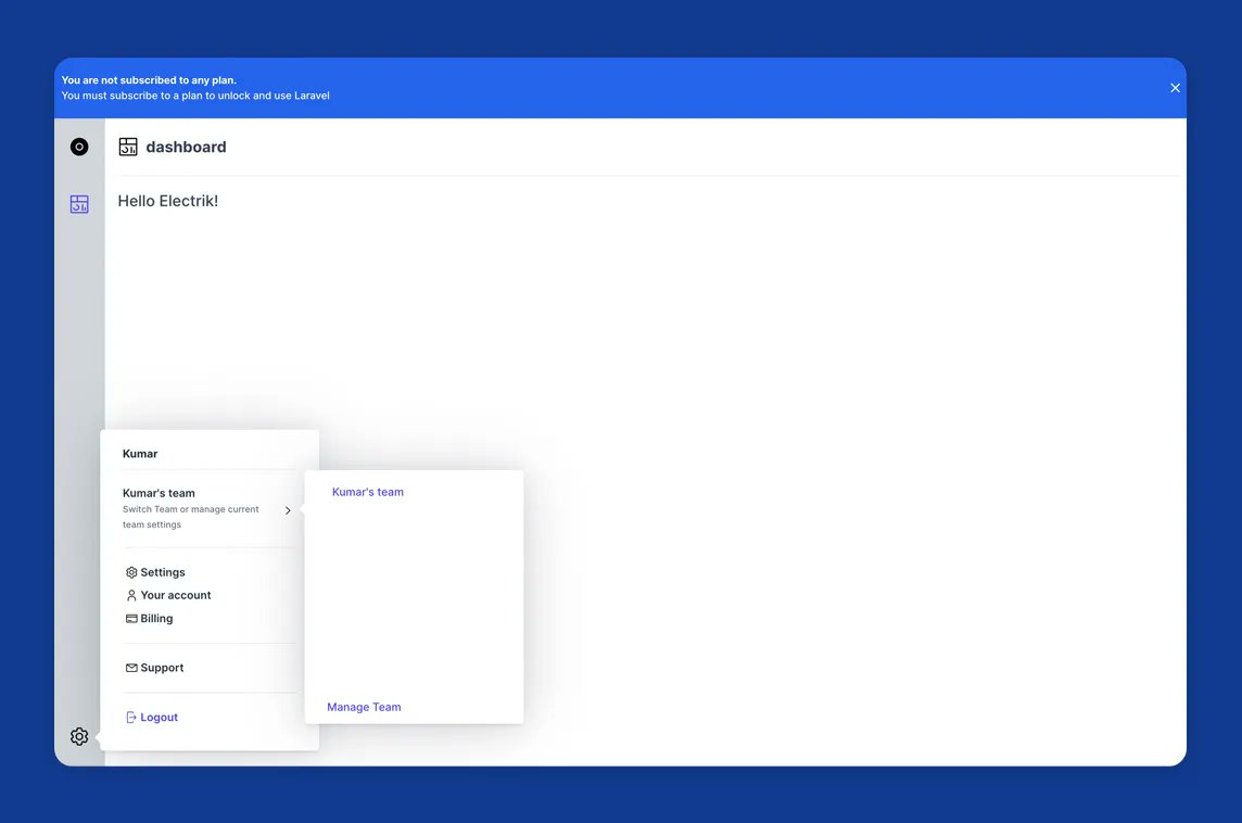 MadeWithLaravel's tweet photo. Electrik is a full-featured, open-source starter kit for building your next SaaS application #madewithlaravel 📦️ - https://t.co/sQUWdcngZD https://t.co/tMbAvyHxbH