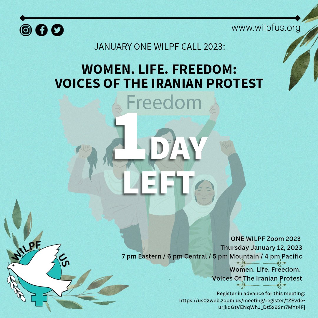 Voices of Iranian Protest 
The change in Iran will happen from the inside.
There’s only 1 day left, Register Now 
bit.ly/ONEWILPF2023 
#womenrights #womenrightsarehumanrights #womenrightsmatter #standupforwomenrights #iran