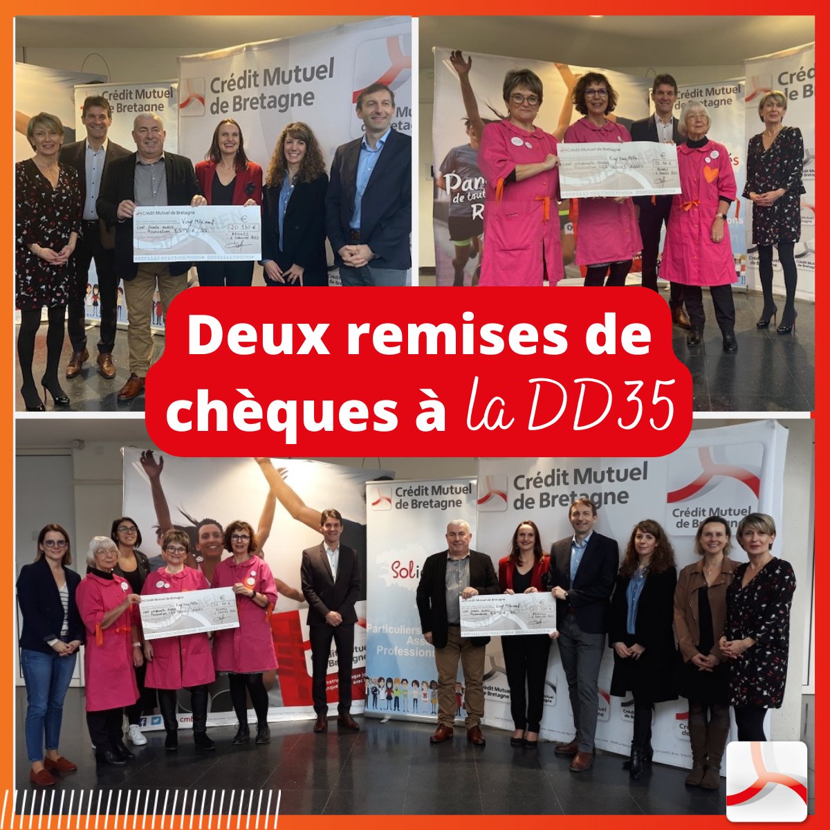 La DD35 a remis vendredi dernier deux chèques dans le cadre du dispositif des Solidarités. Le premier, de 𝟮𝟬 𝟵𝟯𝟬 €, pour l’association Espoir 35 et le second, de 𝟮𝟯 𝟭𝟱𝟬 €  pour l’association Les Blouses Roses.
#dons #solidarités #cmb