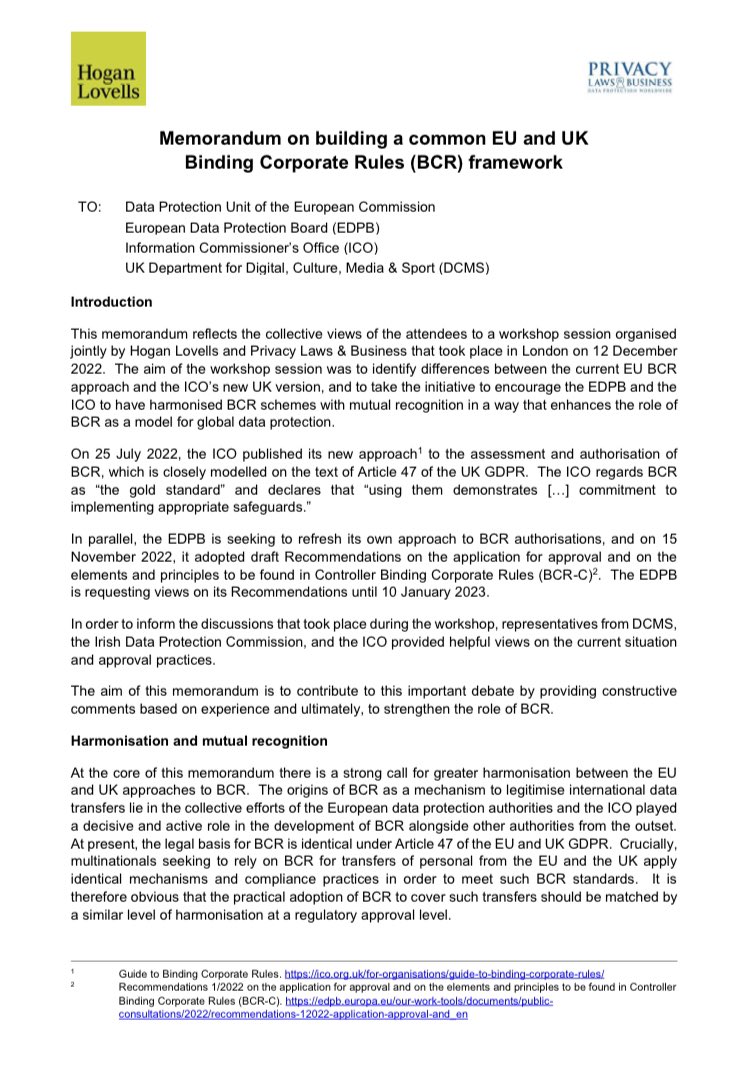 EUstaran's tweet photo. We have started the year submitting a joint @HoganLovells &amp; @privacylaws memorandum to @EU_Commission, @EU_EDPB, @ICOnews &amp; @DCMS advocating for a common 🇪🇺🇬🇧 framework for Binding Corporate Rules #BCR. Read it here 
https://t.co/yys2wb0pHe https://t.co/FUjLihkbwO