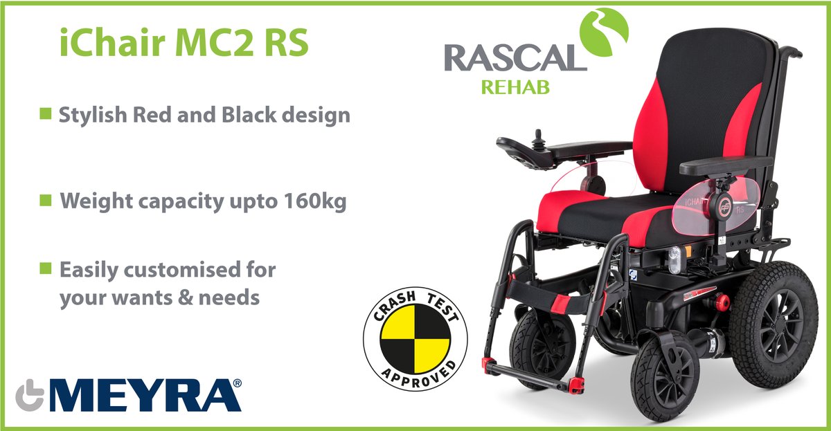 Good looks &amp; power finally unite in the iChair MC2 RS by Meyra from Rascal Rehab. The 15” black anodised drive rims &amp; the option of wide outdoor tyres really epitomize the blend of practicality &amp; the striking design of this Rear-Wheel Drive powerchair.