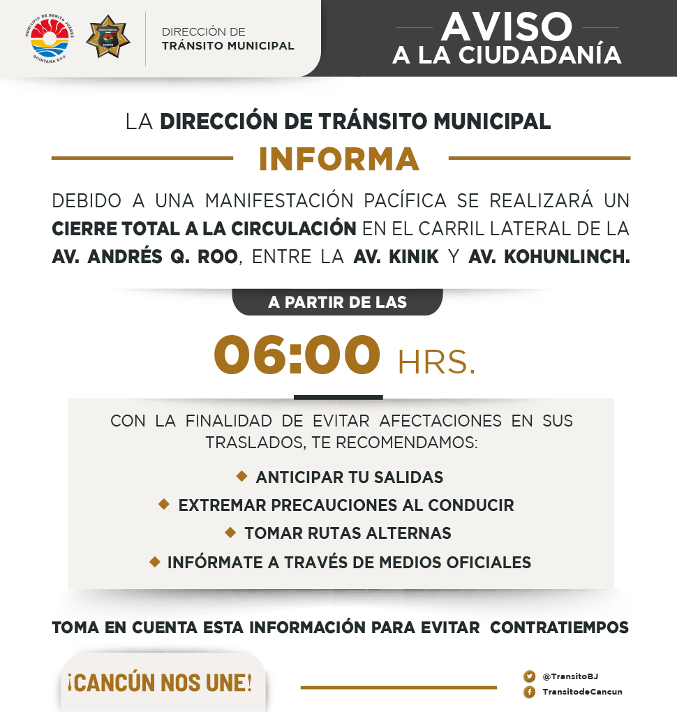 TransitoBJ's tweet photo. ⚠️ATENCIÓN⚠️

Implemetamos un cierre total a la circulación sobre la Av. Andrés Q. Roo, entre las avs. Kinik y Kohunlinch.

Toma en cuenta esta información para evitar contratiempos.

Mantente informado a través de medios oficiales. 

@anapatyp 
#CancúnNosUne https://t.co/Pt4PgmDKry