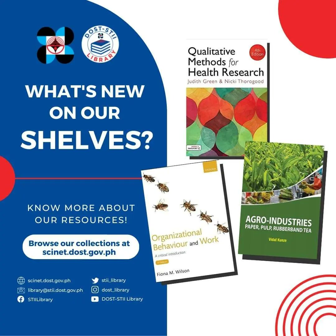 stii_library's tweet photo. LOOK: See What's New on our Shelves! 

Don't forget to visit our Online Public Access Catalog at 𝘀𝗰𝗶𝗻𝗲𝘁.𝗱𝗼𝘀𝘁.𝗴𝗼𝘃.𝗽𝗵 for more publications and studies on Science, Technology, and Innovation.

#doststii #doststiilibrary #OneDOST4U #ScienceForThePeople #OneDOST4U https://t.co/DgpJ5vD6sE