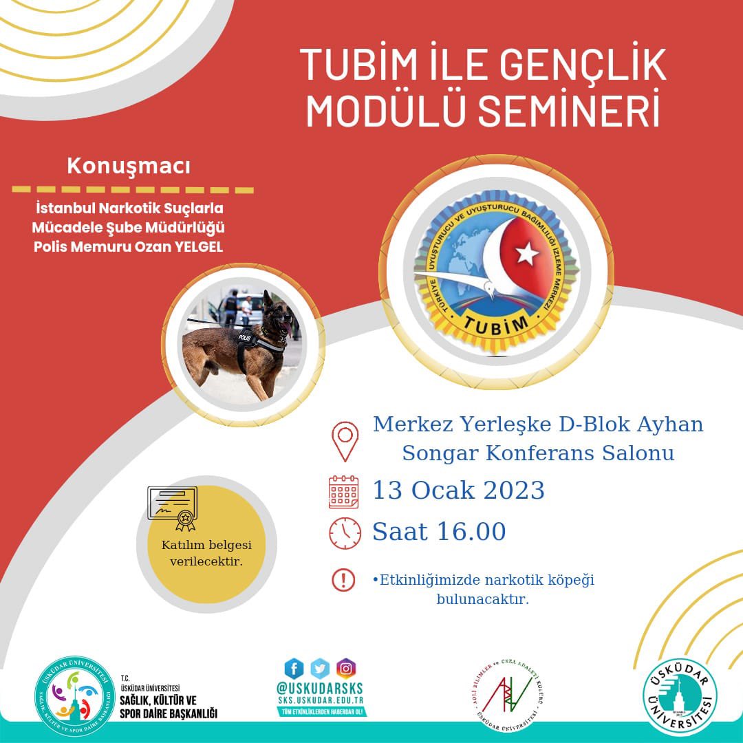 İstanbul Narkotik Suçlarla Mücadele Şube Müdürlüğü Polis Memuru Ozan Yelgel'in  konuşmacı olacağı "TUBİM ile Gençlik Modülü Semineri"mize bekliyoruz.
❗️Üsküdar Üniversitesi dışından katılım sağlamak için instagram biyografimizdeki linkten formu doldurmanız gerekmektedir.