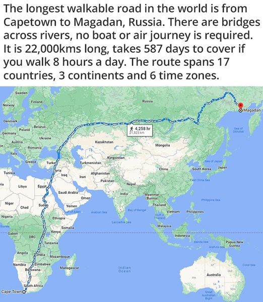 GunhildTravel's tweet photo. Any hiking fanatics amongst us? This would certainly be a major challenge! The longest walkable road in the world from Cape Town to Magadan, Russia at 22,000 kms. That's a lot of steps!
#travel #hiking #destinations #Wednesdayvibes #longestwalk #CapeTown #Magadan #3continents https://t.co/T0HoLNgAvn