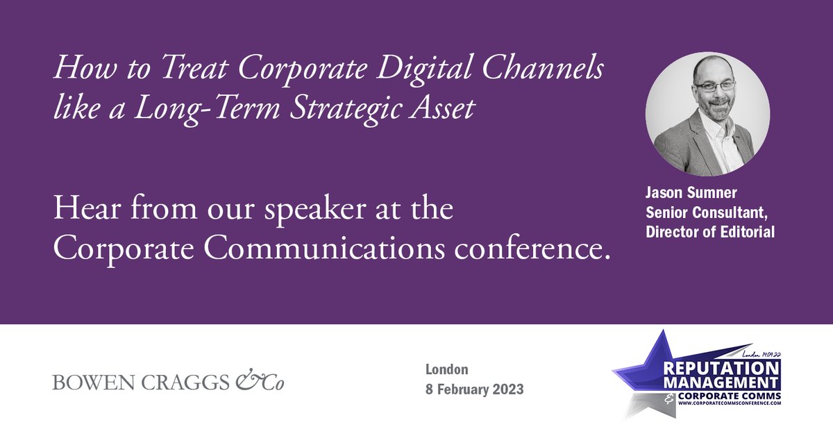 BowenCraggs's tweet photo. Join us on 8 February in London where our Senior Consultant and Director of Editorial, @JasonESumner, will be discussing how to use #corporate digital as an owned media foundation that supports broader communication goals.

Get your tickets now: https://t.co/PkWJXyr3rl https://t.co/4vIsBsQ0LT
