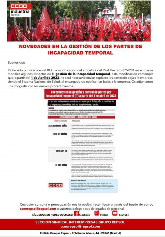 CCOOGrupoRepsol's tweet photo. 📢#Ccooinforma 

sobre la modificación en la gestión de incapacidad temporal

#CCOOseMueve https://t.co/wQ5kEnGLPd