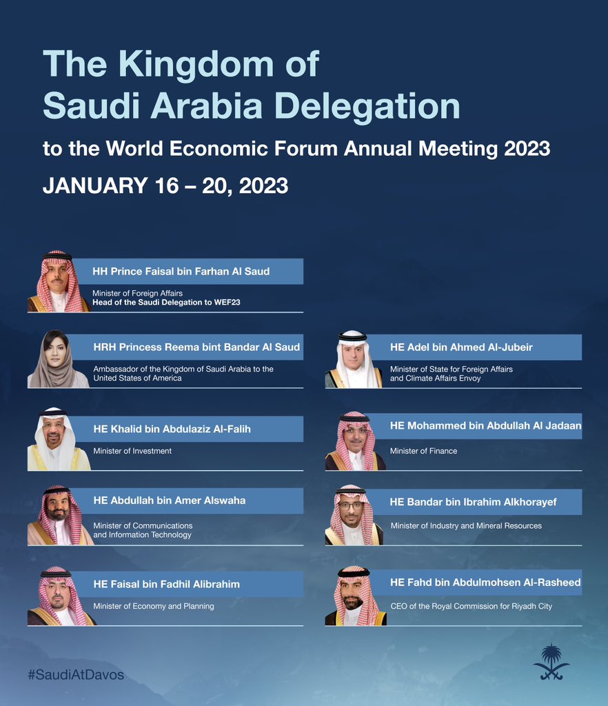 MEPSaudi's tweet photo. The Kingdom of Saudi Arabia is set to participate in the Annual Meeting of the World Economic Forum with a high-level delegation.
#SaudiAtDavos
#WEF23

https://t.co/Hpo1x2SmzO https://t.co/xt8z1zUfcy