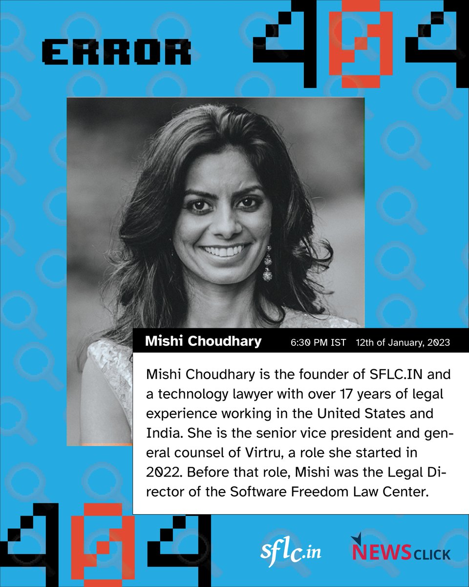 SFLCin's tweet photo. #KnowYourPanelists
#Error404: Website Cannot be found!
Introducing Mishi Choudhary
@MishiChoudhary is the founder of @SFLCin and a technology lawyer with over 17 years of legal experience working in the United States and India.
https://t.co/pWUJ53mPi3
#eventalert #blocked https://t.co/olQppGlUcM