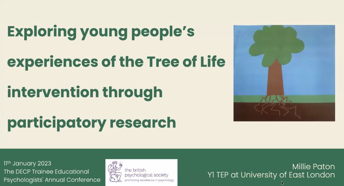 Exploring young people's experiences of the Tree of Life intervention through participatory research - Millie Paton shares research this morning at the DECP TEP conference

#DECPConference #TwitterEPs <a href="/BPSOfficial/">British Psychological Society</a>