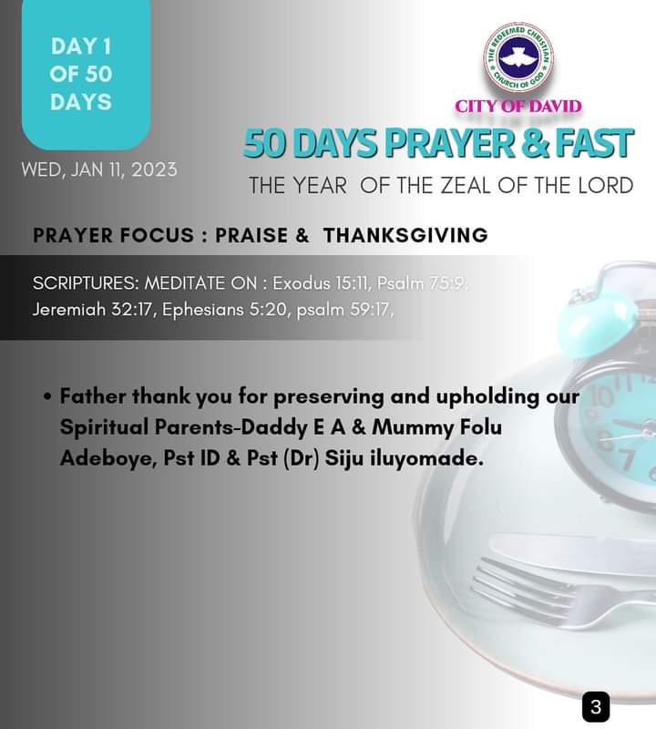 RCCGCityofDavid's tweet photo. DAY 1 Prayer Points for #50DaysFast - Wednesday, January 11, 2023
Also see details of our daily prayer schedule during the Fast.
#RCCGFast
#RCCGFast2023
#CODDailyPrayerPoints https://t.co/3TkQM7RTqB