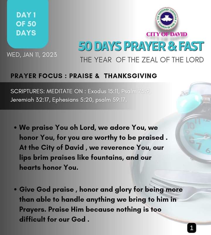 RCCGCityofDavid's tweet photo. DAY 1 Prayer Points for #50DaysFast - Wednesday, January 11, 2023
Also see details of our daily prayer schedule during the Fast.
#RCCGFast
#RCCGFast2023
#CODDailyPrayerPoints https://t.co/3TkQM7RTqB