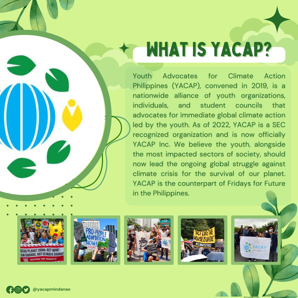 𝗔 𝗻𝗲𝘄 𝘆𝗲𝗮𝗿 𝘁𝗼 𝗳𝗶𝗴𝗵𝘁 𝗳𝗼𝗿 𝗰𝗹𝗶𝗺𝗮𝘁𝗲 𝗷𝘂𝘀𝘁𝗶𝗰𝗲!

This 2023, YACAP Mindanao will continue to strongly advocate for climate action. But, one may wonder… what fuels 𝗬𝗔𝗖𝗔𝗣 𝗠𝗶𝗻𝗱𝗮𝗻𝗮𝗼 to do so?

#ClimateJusticeNow