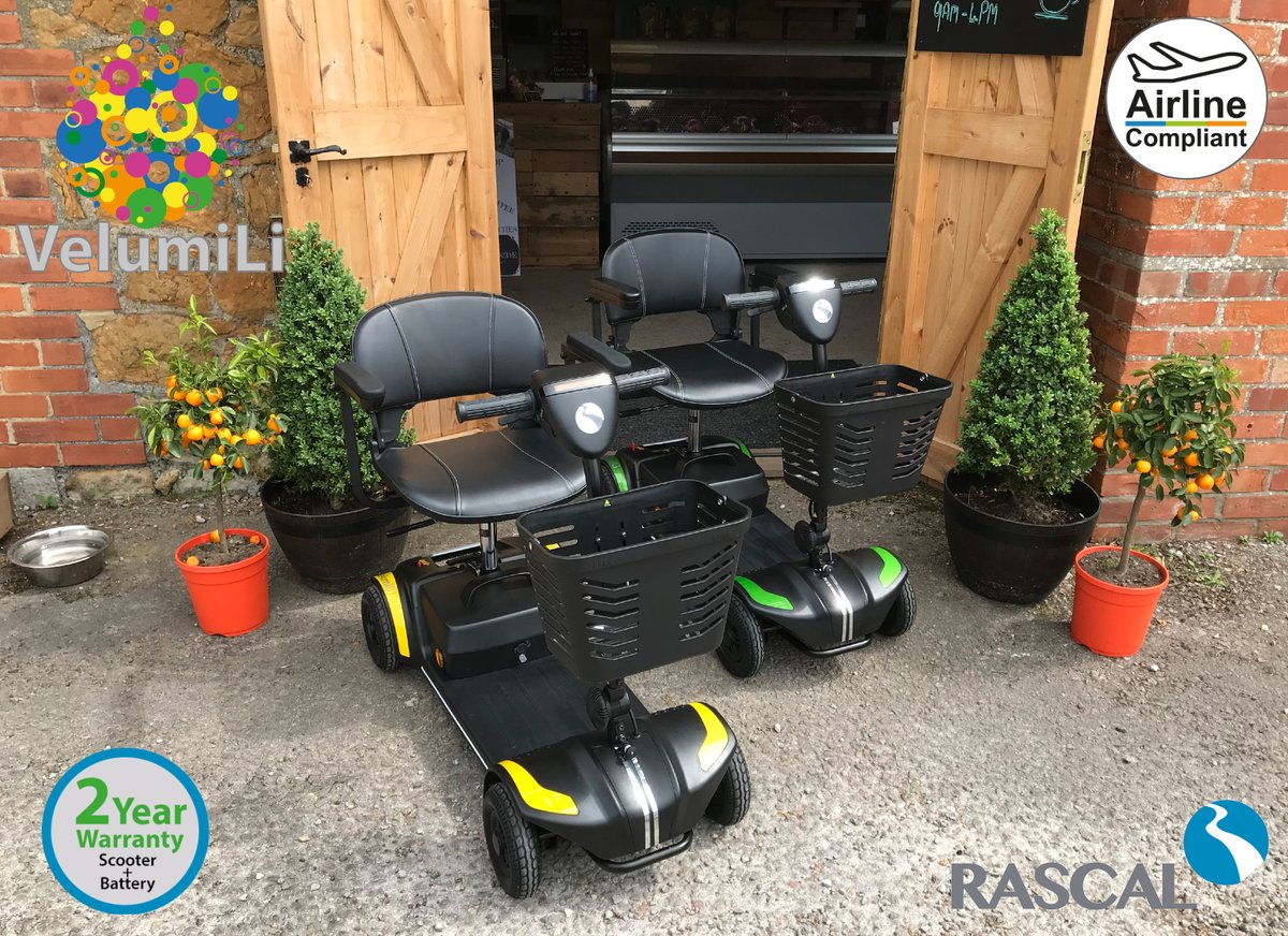 The Rascal VelumiLi is our lightest ever 4mph boot &amp; travel scooter with a front section weighing just 10.2 kg. So easy to transport, pick up &amp; put into your carboot for everyday adventures, which of the 5 colours will you choose to have… Blue, Green, Pink, Orange or Yellow???