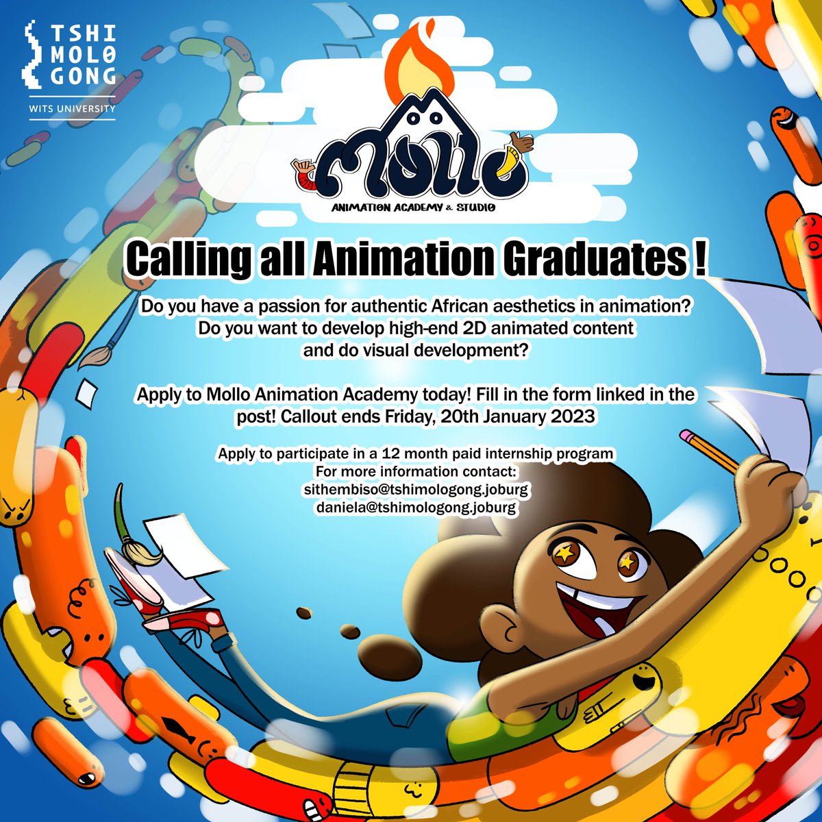 Tshimologong Mollo Animation Academy &amp; Studio is looking for 10 animation graduates or self-taught animators to APPLY &amp; join our 12-month intensive program.

Link: bit.ly/3FD7e85
Deadline: 20 Jan 2023

For more info contact: animation@tshimologong.joburg

#molloanimation