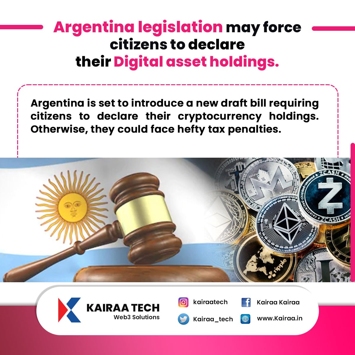 kairaa_tech's tweet photo. Argentina legislation may require citizens to declare their ownership of digital assets.

For more details..👇👇
Contact: 7092771155
Website : https://t.co/iHFMBEhmzI
Facebook : https://t.co/DJW2JThvrn
Instagram : https://t.co/rpWoDnjp4K

#Kairaa #Argentina #cryptomoney #crypto https://t.co/pB4RkNUf3Y