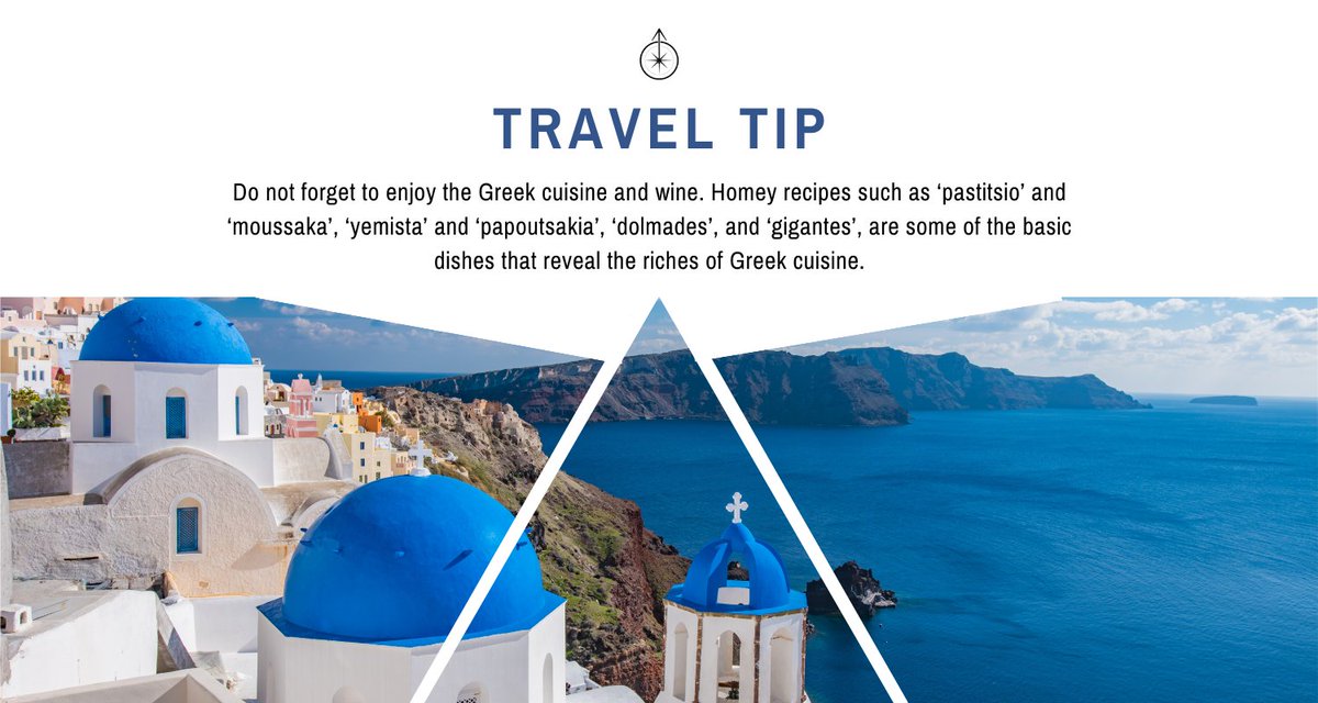 Do not forget to enjoy the Greek cuisine & wine. Homey recipes such as ‘pastitsio’ and ‘moussaka’, ‘yemista’ and ‘papoutsakia’, ‘dolmades’, and ‘gigantes’, are some of the basic dishes that reveal the riches of #GreekCuisine.

#TravelTips #GreeceTips #GreeceTourism #ExploreGreece