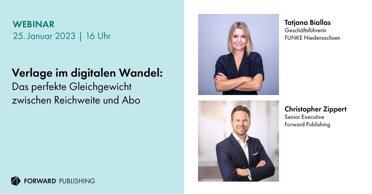 ForwardPublish's tweet photo. Gibt es das perfekte Gleichgewicht zwischen Reichweite und Abo für #Verlage? Darüber spricht @Tattlana von FUNKE Niedersachsen am 25.01.2023 in unserem Januar-Webinar. 👇 Jetzt anmelden: https://t.co/TOtOGNlwts #Journalismus #Regional https://t.co/9oBdeEhwT6