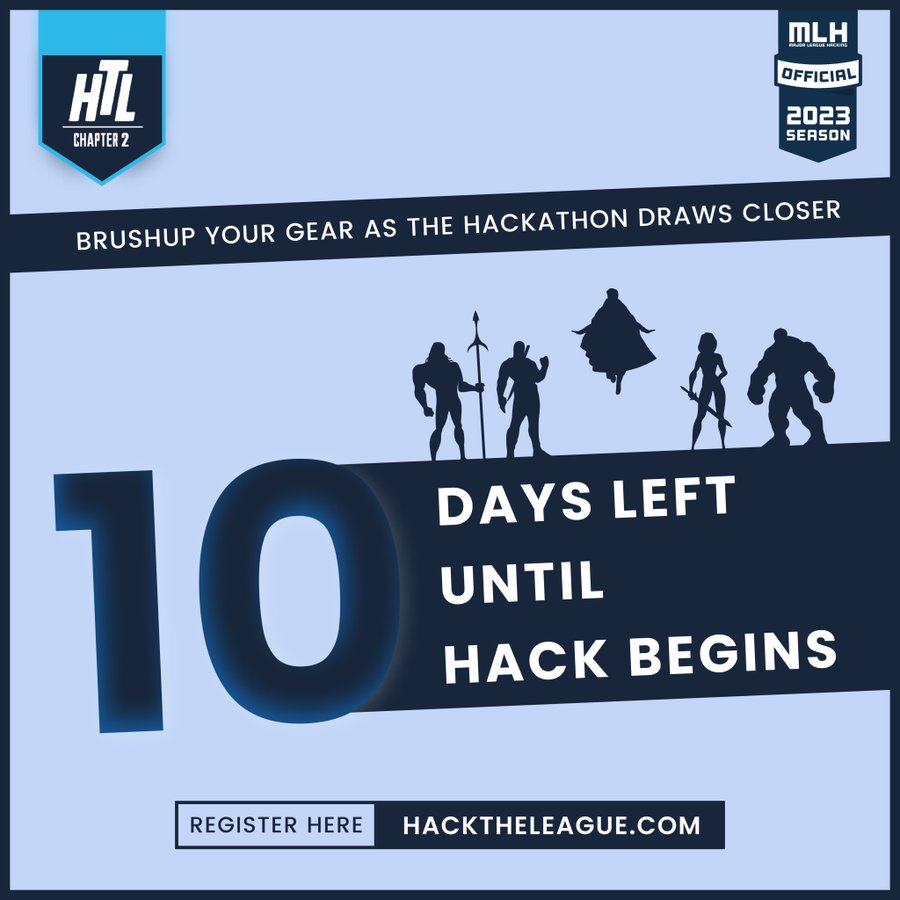 GMmcoe's tweet photo. Here begins the countdown to the second edition of the super hackathon of all. Just 10 Days To Go until the in-person edition of Hack the League begins! 

It'll be bringing you all action-packed 30+ hours of Building and networking.

Register Now - closing soon!!
link in reply🔽 https://t.co/OV59vPRJBe