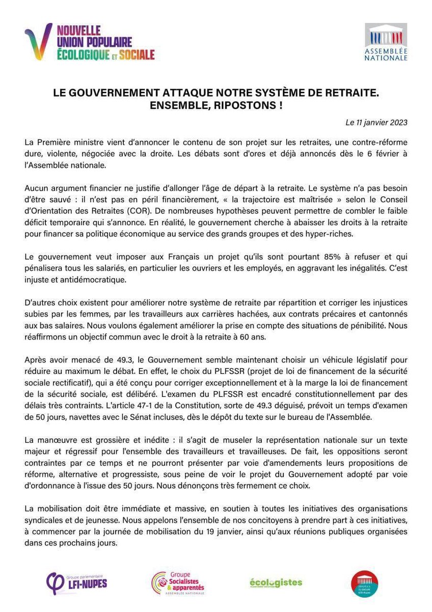 🔴80% des français sont contre la réforme des retraites exposée par E. Borne.
Par ailleurs, Le gouvernement ne permettra aucun débat démocratique au parlement car la réforme sera examinée lors d'un temps législatif limité qui permettra un 49-3 déguisé.
Explications👇