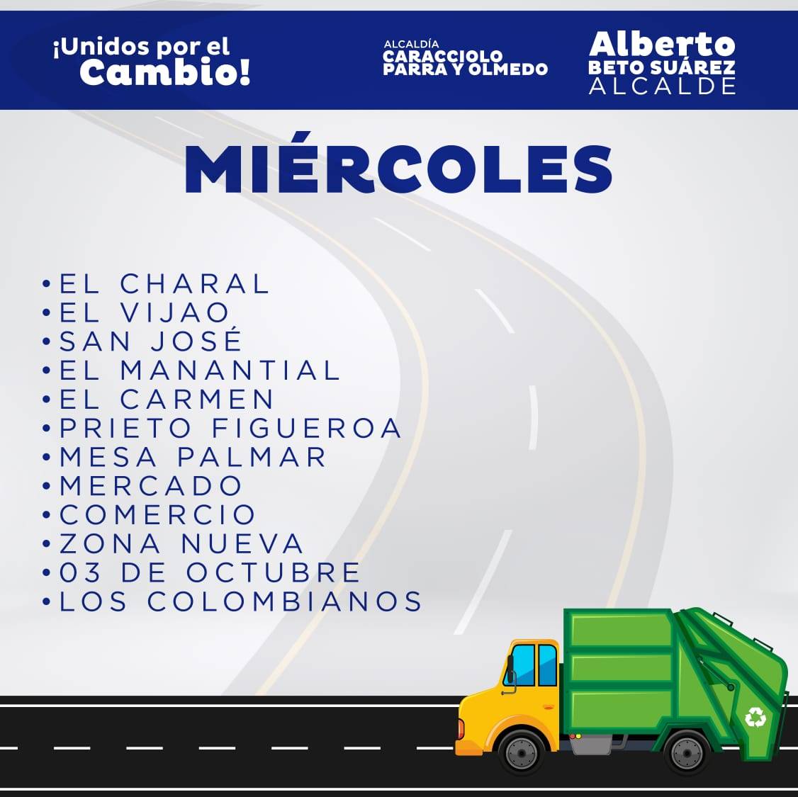Alcalde_ASuarez's tweet photo. #ATENCIÓN⚠️

♻️RUTAS MIERCOLES #11Ene  ♻️

Continuamos trabajando y  desplegados con nuestro plan de recolección de desechos sólidos a lo largo y ancho del municipio Caracciolo Parra y Olmedo 🚚

#Mérida #Tucani 
¡Unidos por el Cambio ! https://t.co/0bZvLuFzar