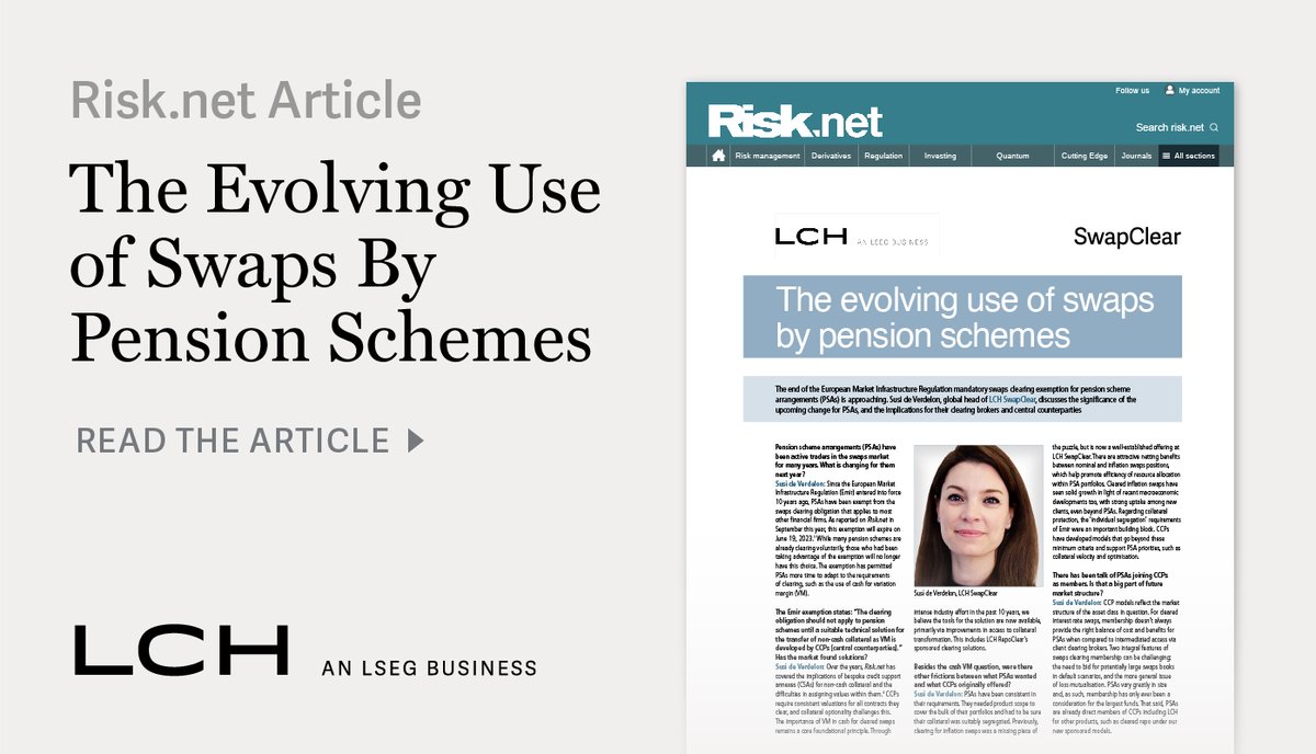 What will the end of the #EMIR mandatory swap #clearing exemption for pension schemes in June 2023 mean for these active users of the swaps market, their clearing brokers and #CCPs? To find out, read the #Risk.net discussion with LCH’s Susi de Verdelon: lseg.group/3XhpMkc