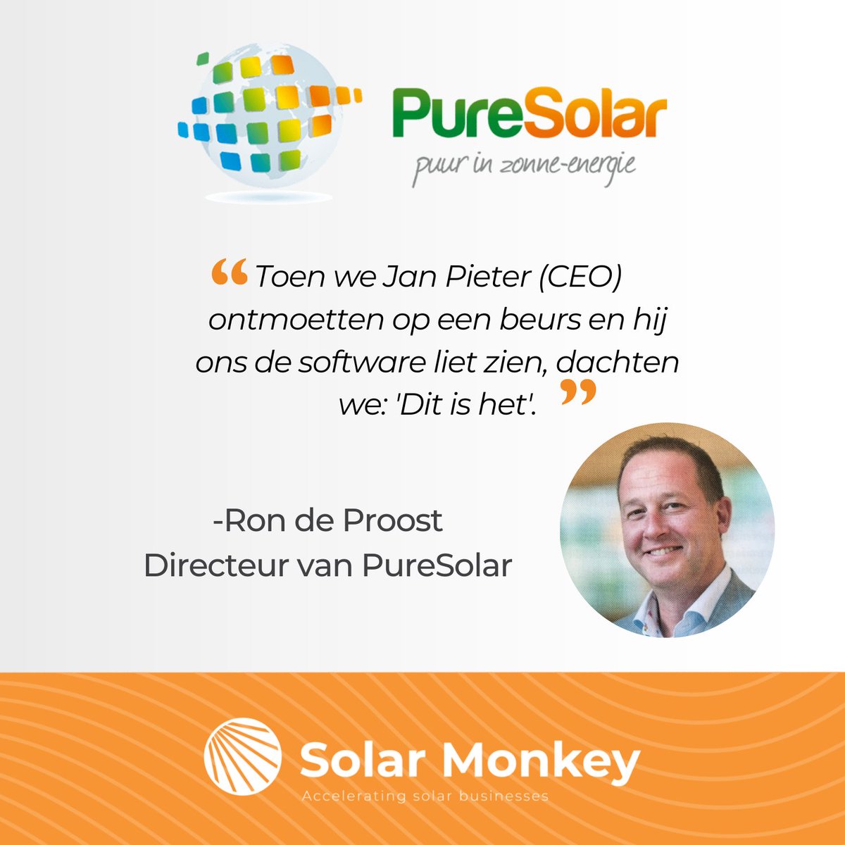 🤝"Toen we Jan Pieter (CEO) ontmoetten op een beurs en hij ons de software liet zien, dachten we: 'Dit is het'."
 
🎤Ron de Proost, directeur van <a href="/PureSolarBV/">PureSolar</a> is een langdurige klant.
 
❓Wil je weten hoe zijn team omgaat met de uitdagingen in de markt? solarmonkey.nl/puresolar/?utm…
