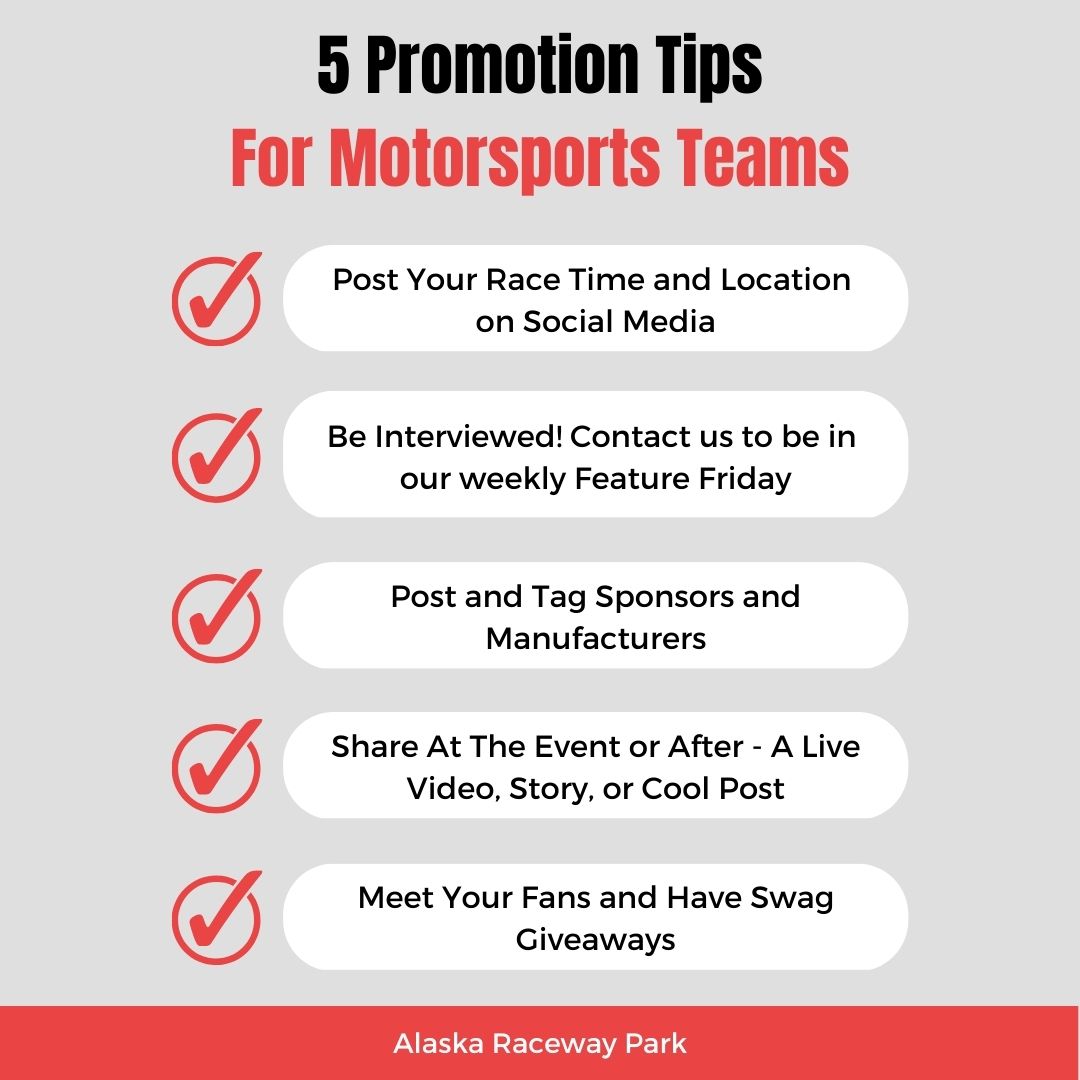 AlaskaRaceway's tweet image. Promoting your race team is more important now than ever. It can grow your fan base, increase sponsors, and displays motorsports in a positive way.

We want to help make you successful! Message us or
email us at pr@raceak.com to be a part of our weekly
Feature Friday posts.